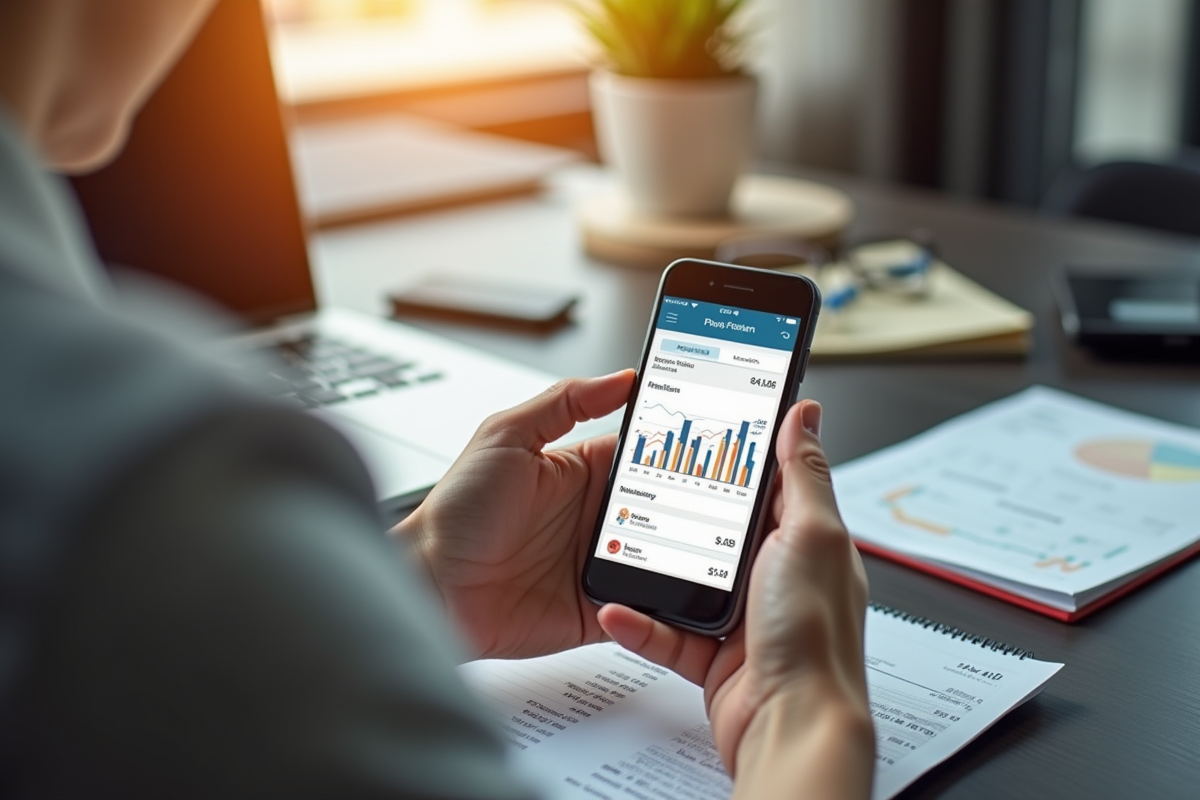 Main tenant un smartphone avec tableau de revenus podcast