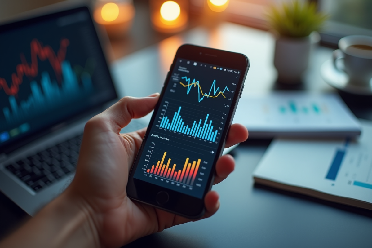 Main tenant un smartphone avec graphiques marketing détaillés