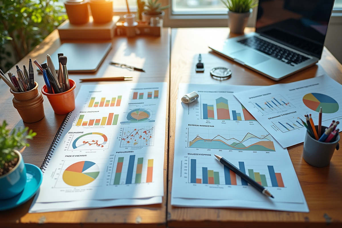 Bureau divise entre outils créatifs et graphiques analytiques