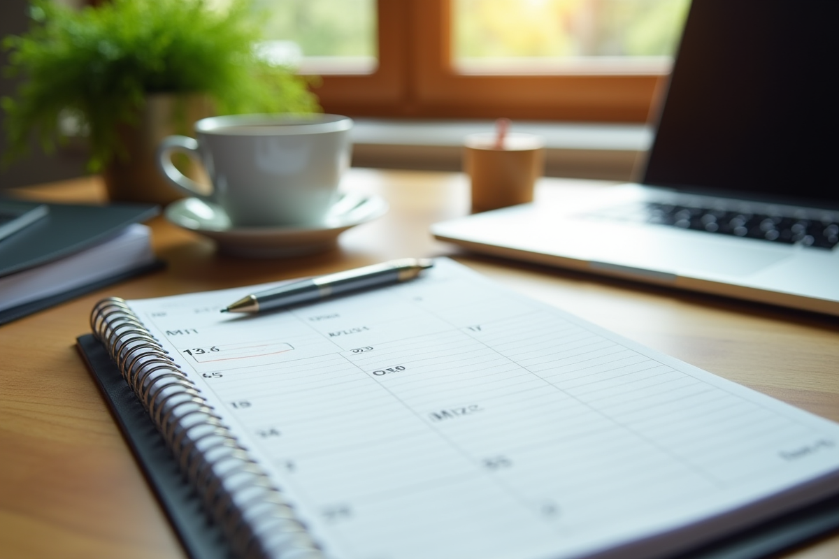 Bureau organisé avec planner et tasse de cafe pour l article
