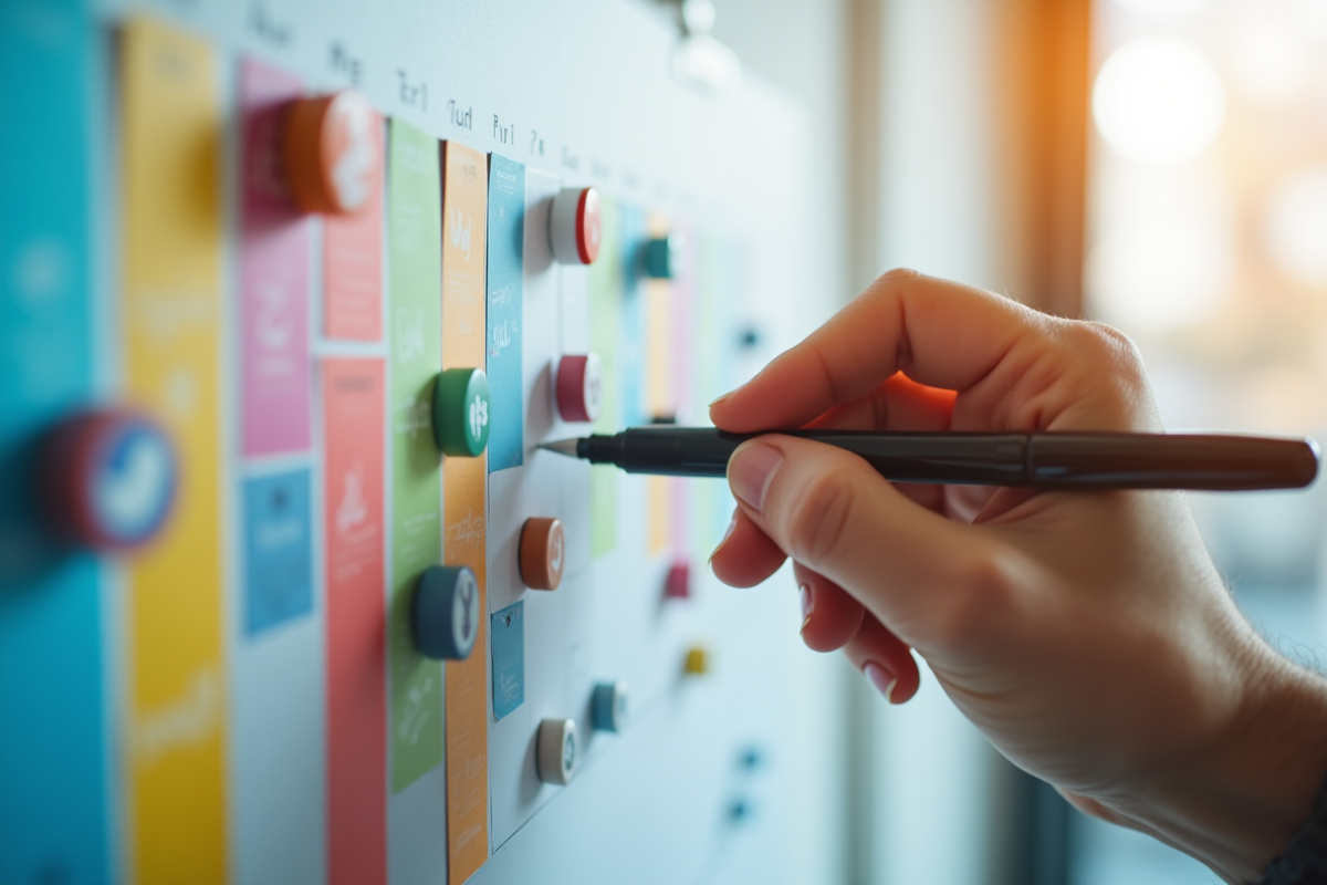 Calendrier coloré avec icônes réseaux sociaux et main qui note une date