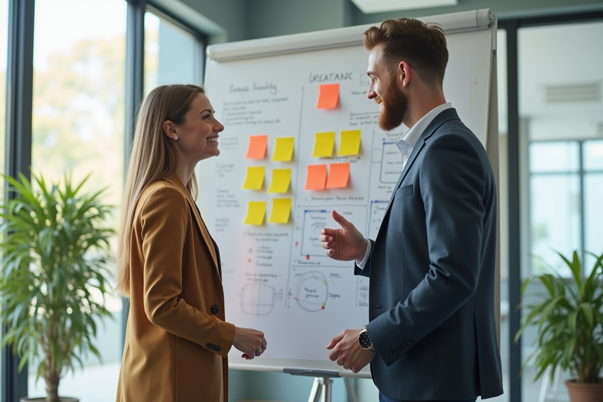 Deux collègues brainstorming avec notes colorées dans un open space lumineux
