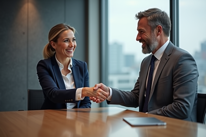 Deux professionnels se serrent la main dans un bureau moderne