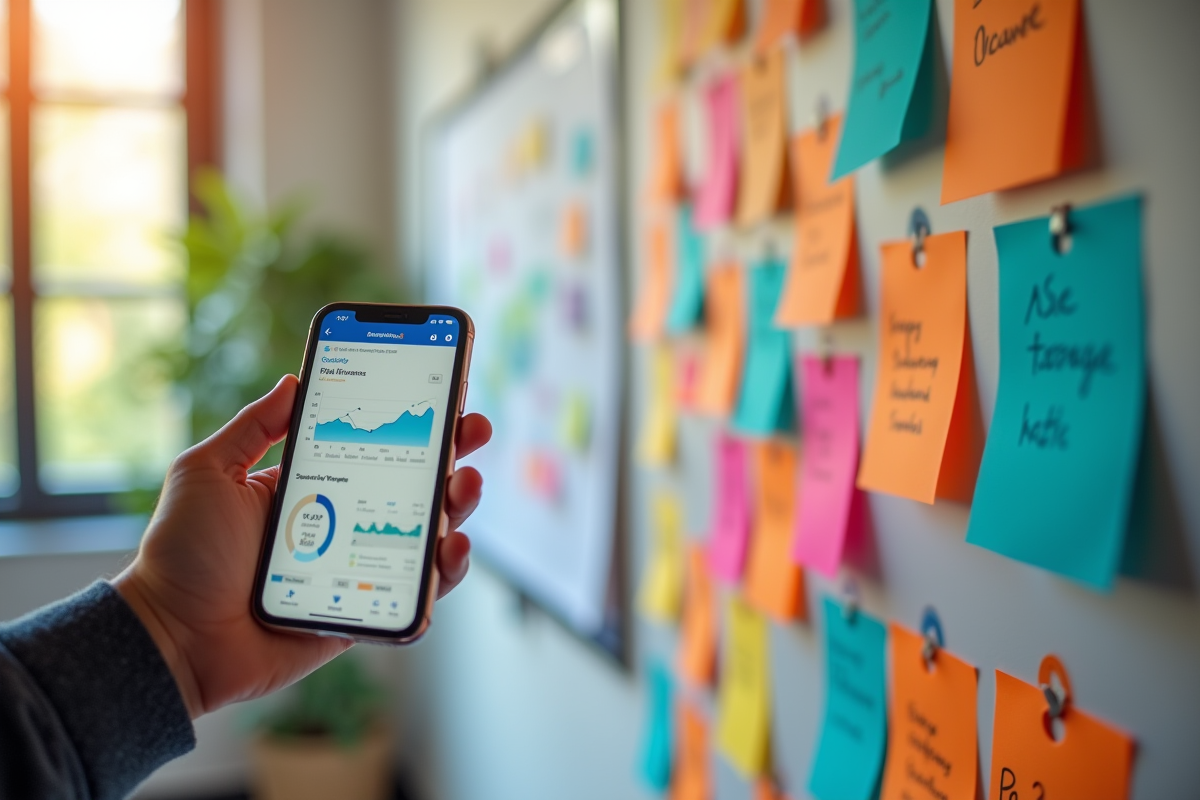 Espace créatif avec notes colorées et tableau de stratégie