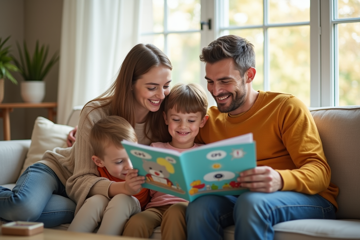 Famille relaxant dans un salon lumineux avec brochure CPS