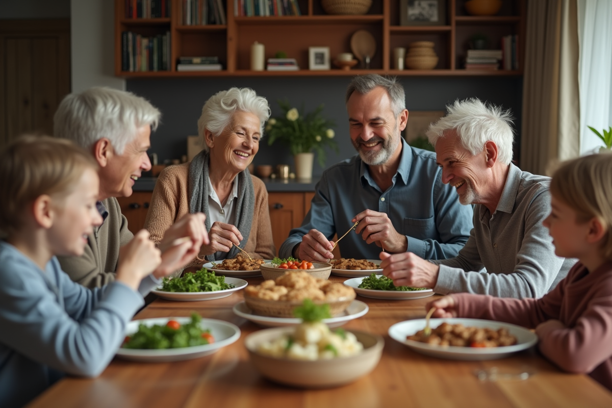 Famille intergenerationnelle partageant un repas convivial