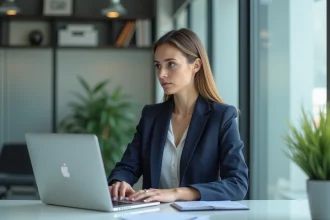 Femme d'affaires en bureau moderne regardant son écran