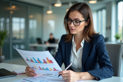 Femme d'affaires en blazer analysant un rapport avec graphiques
