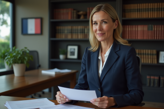 Femme avocate en costume bleu dans un bureau moderne