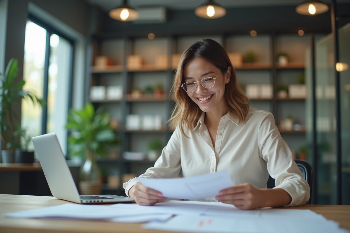 Jeune femme souriante travaillant à son bureau moderne