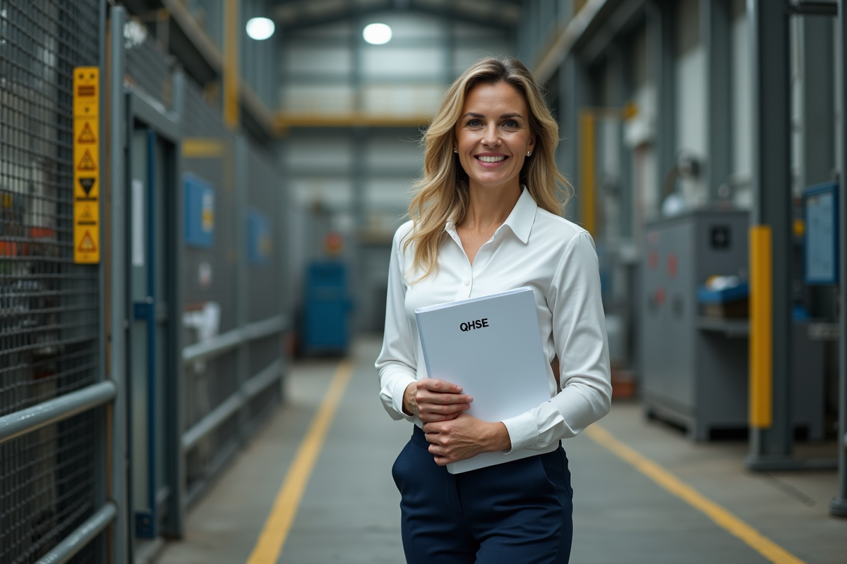 Femme en usine tenant un rapport QHSE sur le site industriel