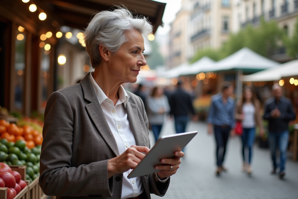 Femme observant un marché en plein air avec tablette en main