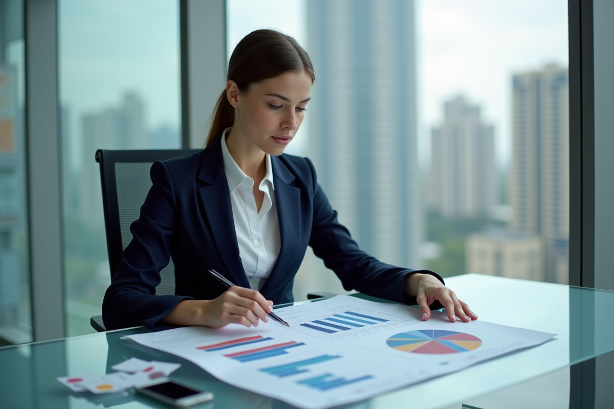Jeune femme en blazer bleu examine une strategie digitale