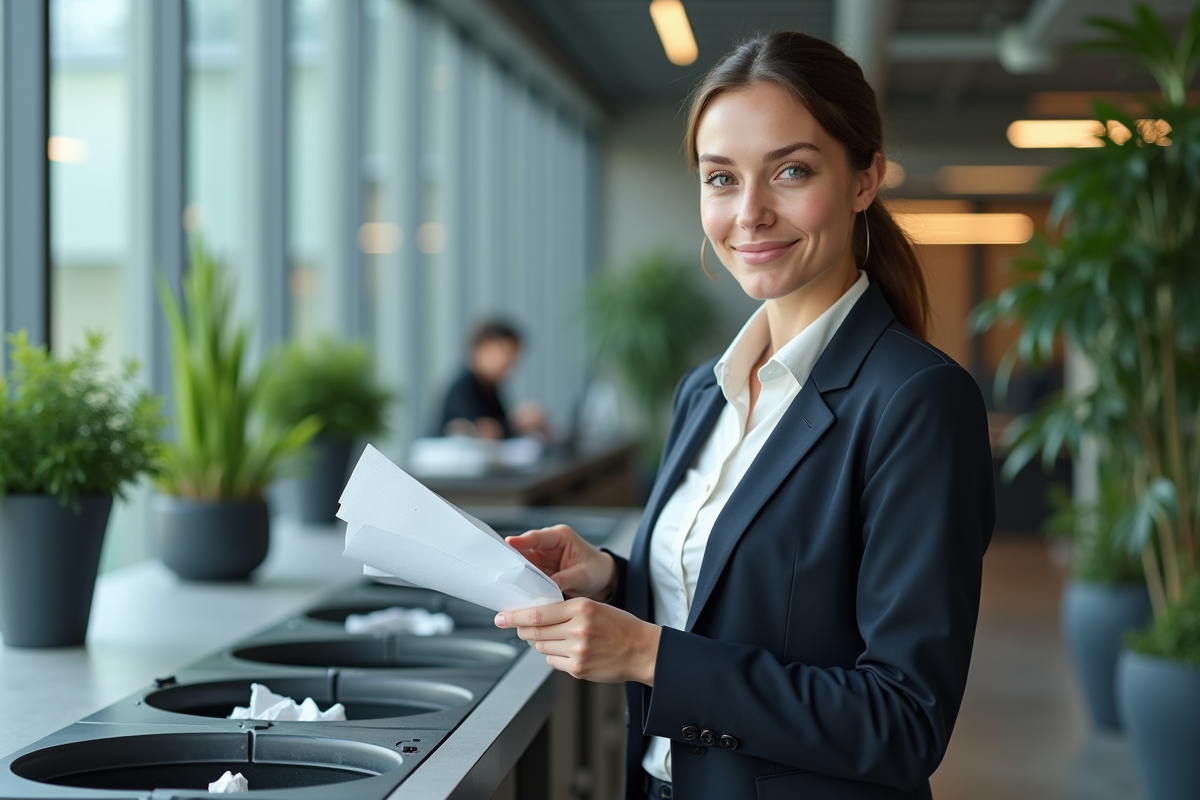Femme en costume triant des déchets dans un bureau moderne