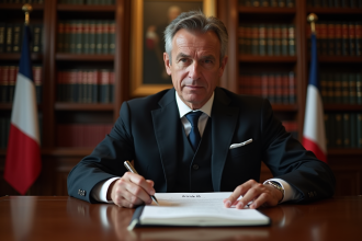 Homme parlementaire en costume noir examinant un document officiel