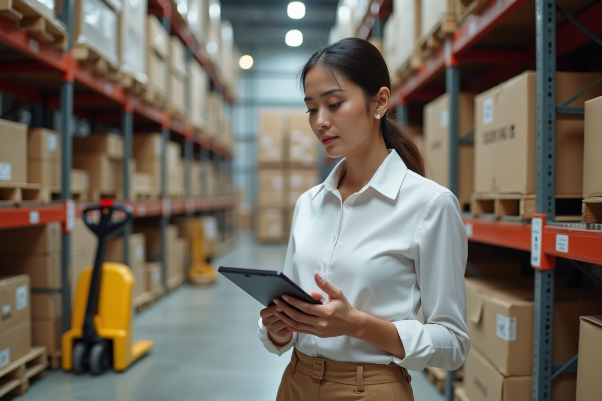 Jeune femme gestionnaire dans un entrepôt avec tablette