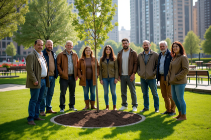 Groupe de personnes autour d'un arbre planté dans un parc urbain