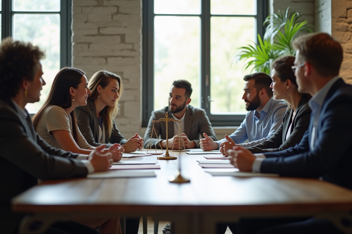 Groupe de personnes discutant autour d une table avec documents juridiques