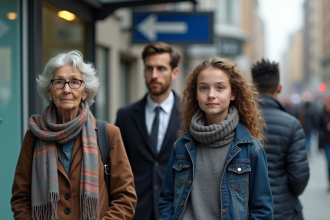 Groupe divers d'ados et seniors à un arrêt de bus urbain