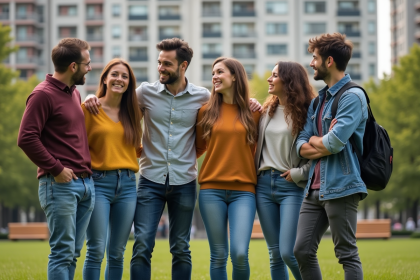 Groupe divers d'adultes et adolescents dans un parc urbain