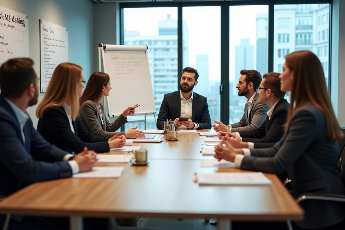 Groupe de professionnels en atelier de leadership en intérieur