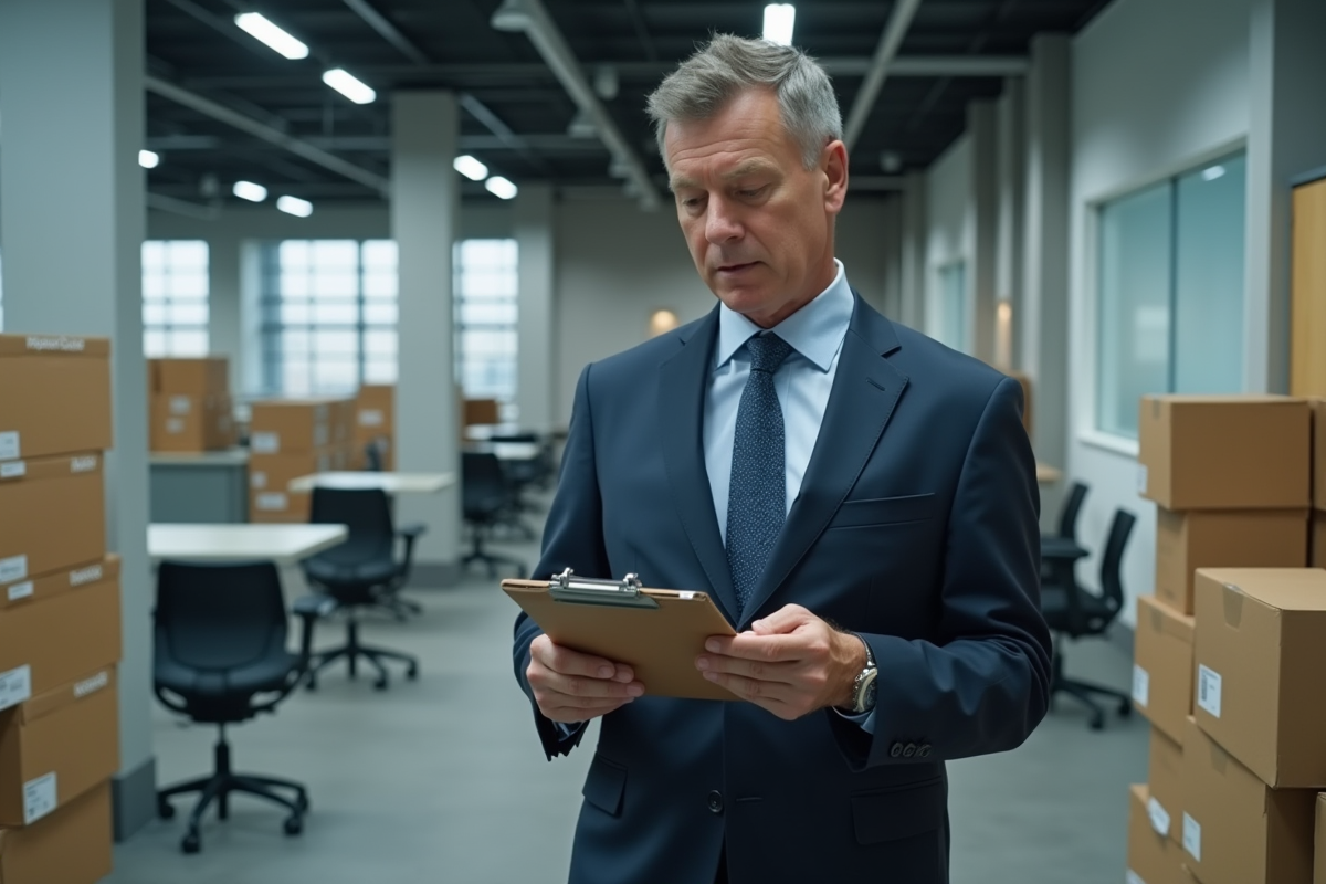 Homme d'affaires en costume examine un dossier dans un bureau vide