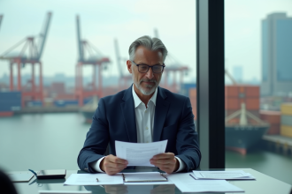 Homme d'affaires en costume dans un bureau avec vue sur port