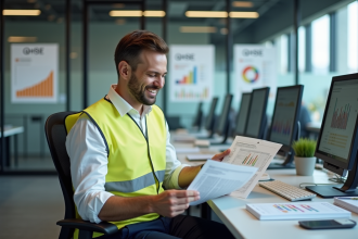 Homme d'affaires français souriant au bureau avec graphiques