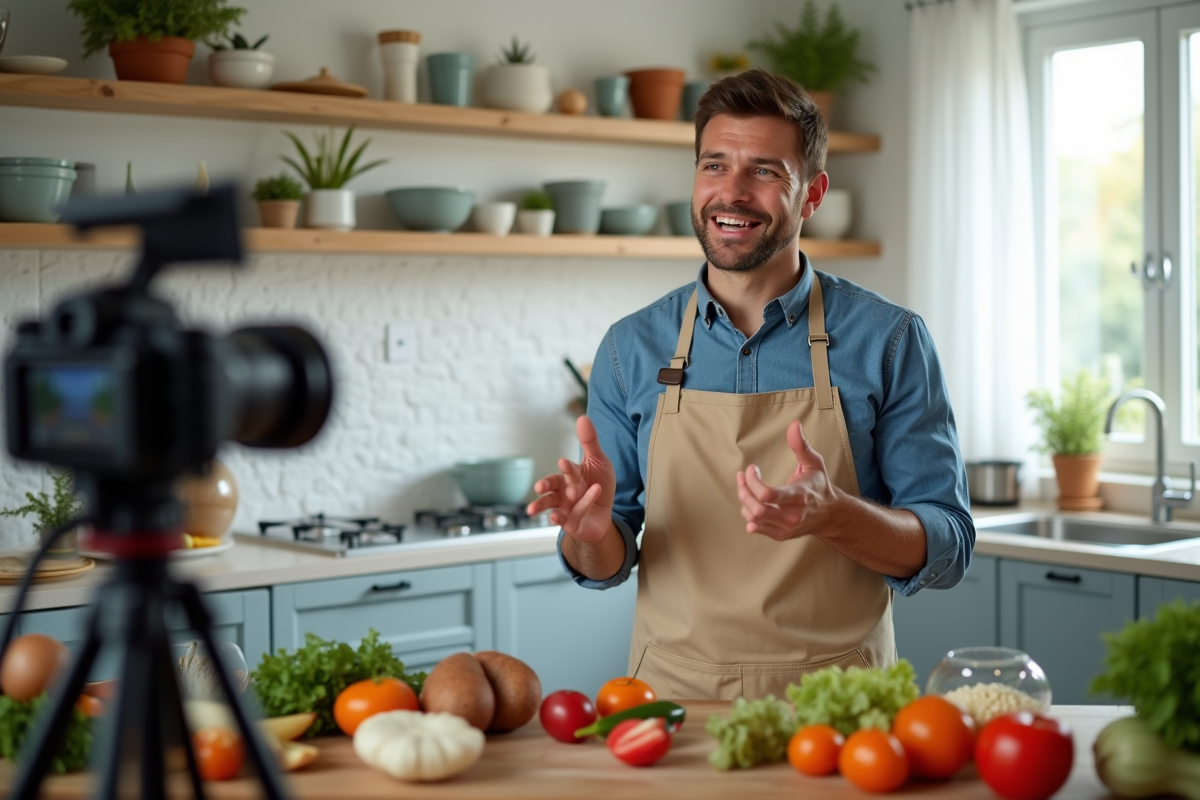 Homme donnant un cours de cuisine en ligne dans une cuisine lumineuse