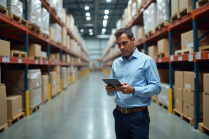 Homme d'âge moyen vérifiant l'inventaire dans un entrepôt moderne