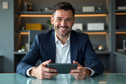 Homme d'âge moyen avec gadget innovant en main dans un bureau moderne