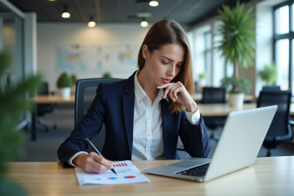 Jeune femme en blazer analysant un tableau de bord au bureau