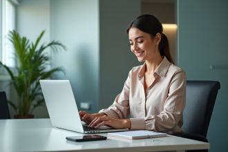 Jeune femme professionnelle travaillant sur son ordinateur dans un bureau moderne
