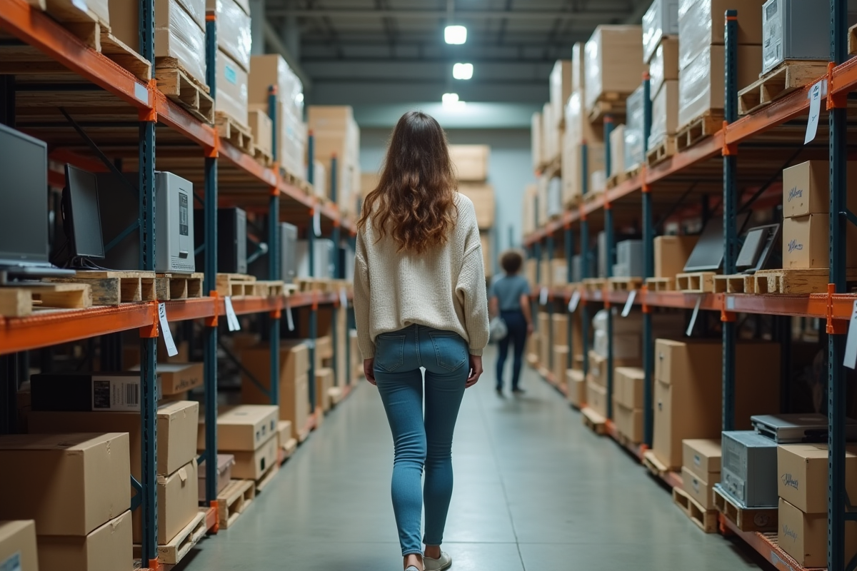 Jeune femme parcourt des étagères d