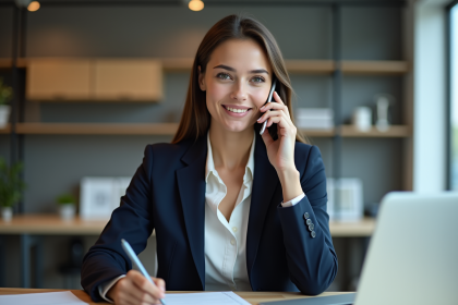 Jeune femme en blazer bleu au téléphone dans un bureau moderne