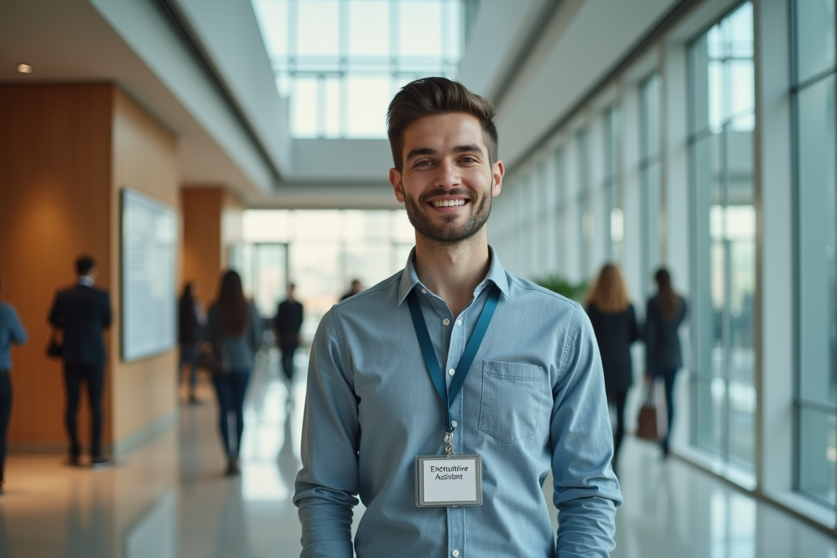 Jeune homme professionnel dans un couloir d entreprise moderne