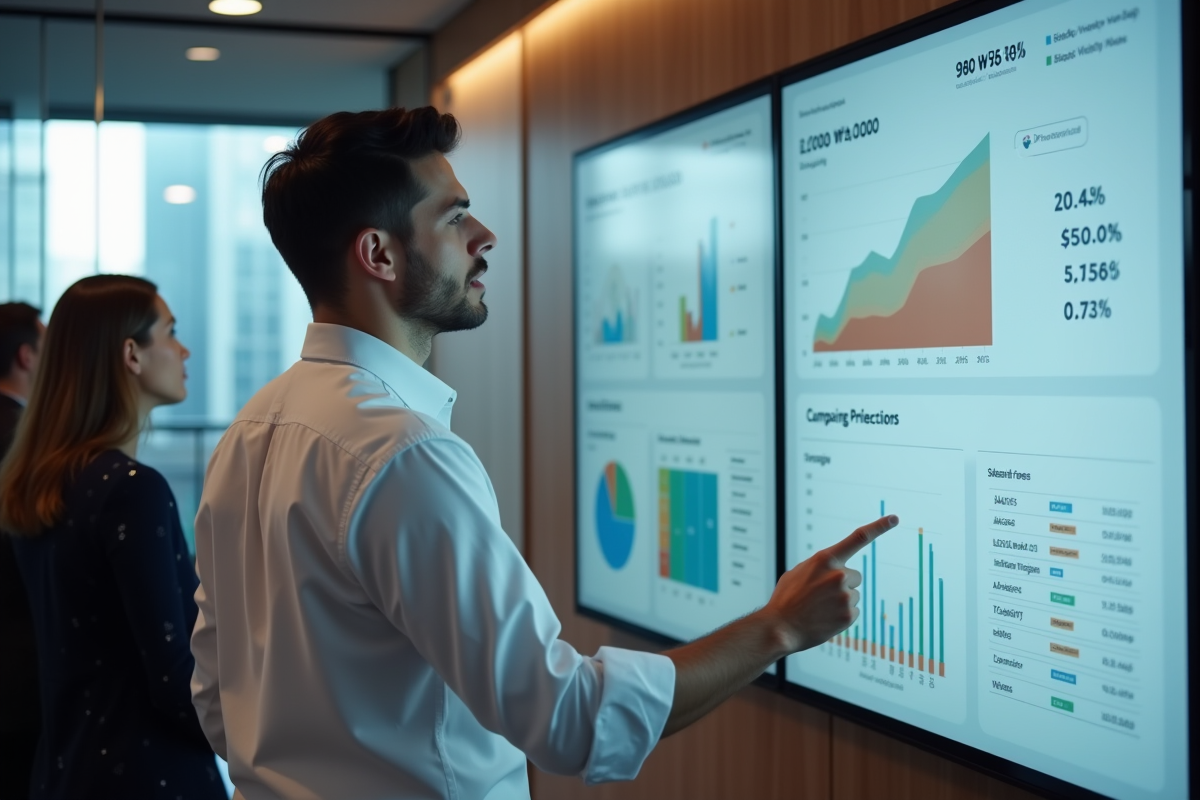 Jeune analyste marketing expliquant des indicateurs sur un tableau digital