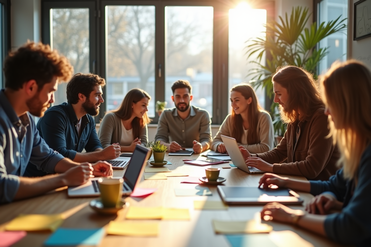 Jeunes entrepreneurs en brainstorming dans un espace lumineux