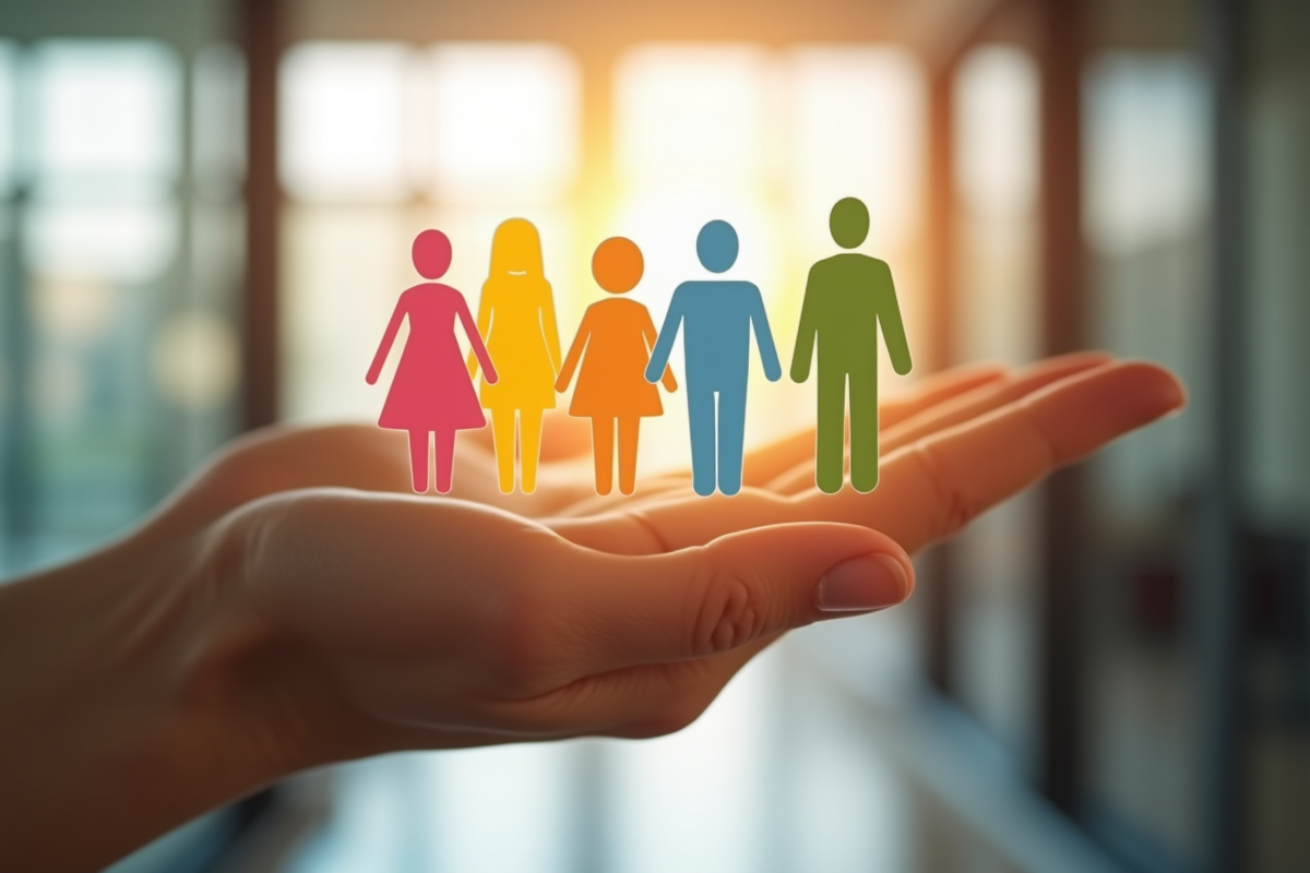 Main ouverte avec icones colorées de diversité et inclusion