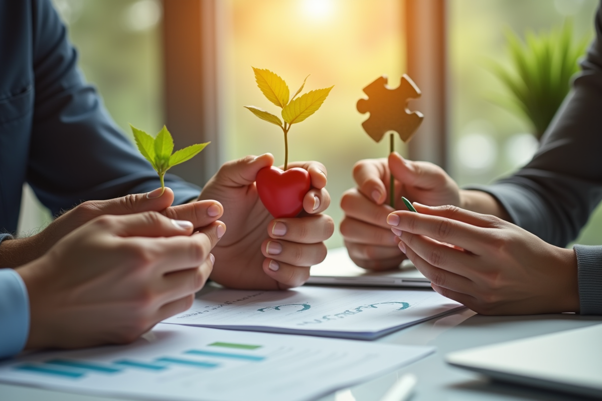 Trois mains tenant des objets symbolisant l écologie la responsabilité sociale et la gouvernance