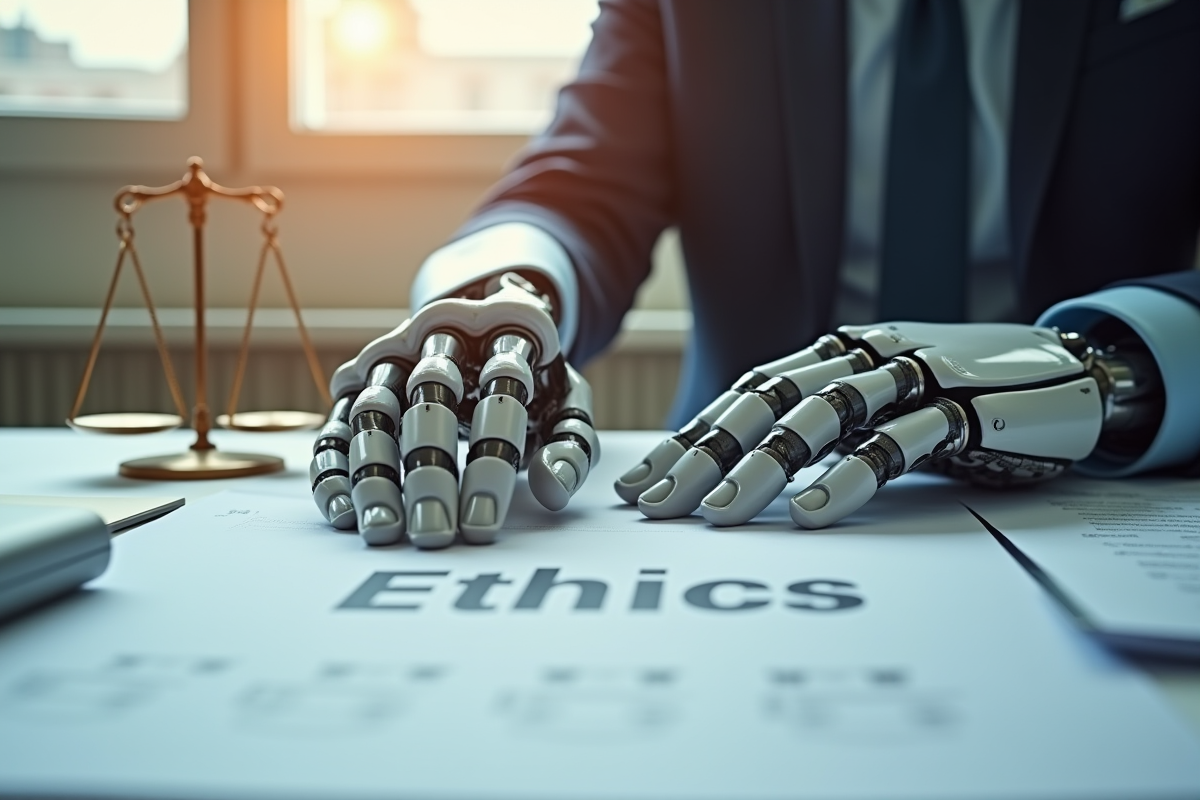 Mains robotique et humaine touchant sur des documents d