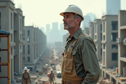 Homme d'âge moyen en chantier urbain contemplant le paysage
