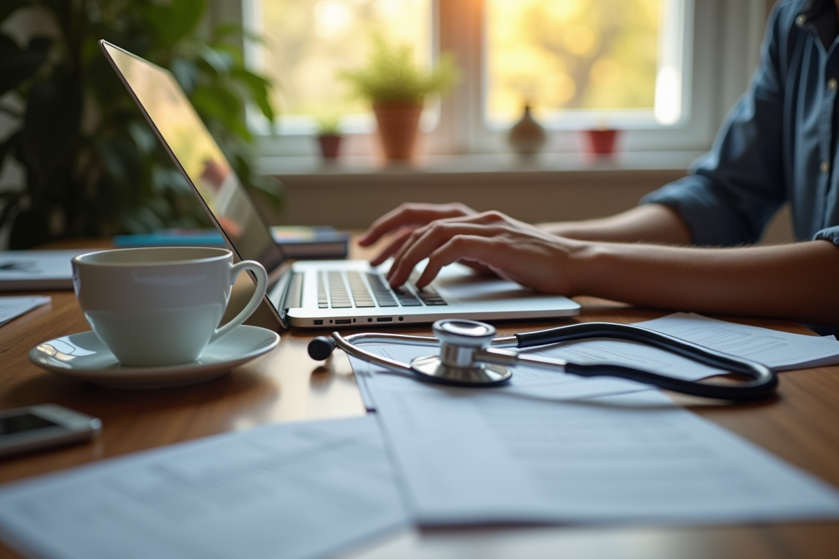 Personne tapant sur un ordinateur portable à domicile avec documents et tasse de thé