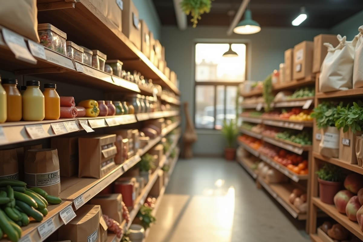 Rayon de magasin bio avec emballages écologiques et sacs réutilisables