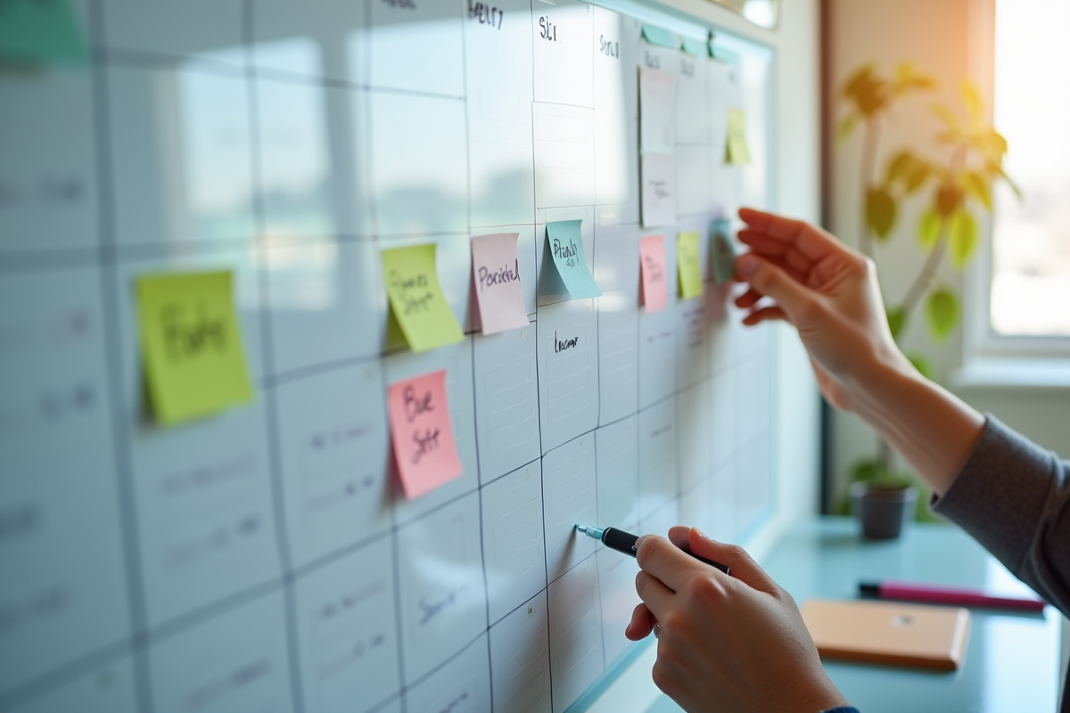 Mains réorganisant des cartes de planning sur un tableau blanc