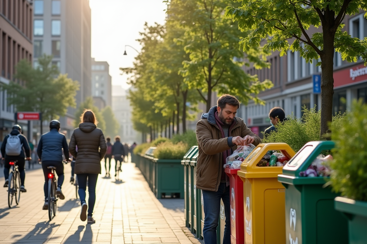 Scène urbaine avec recyclage et infrastructures vertes