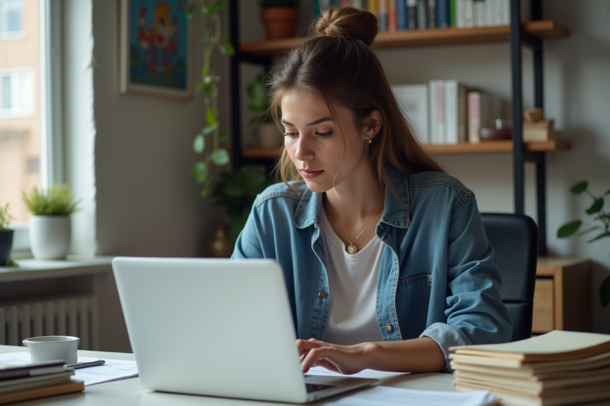 Jeune femme vérifiant ses factures dans un bureau à domicile
