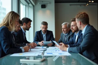 Groupe de professionnels en réunion dans un bureau moderne