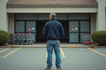 Homme d'âge moyen devant un supermarché abandonné
