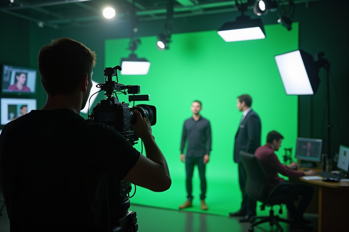 Equipe de tournage en studio avec écran vert et éclairage